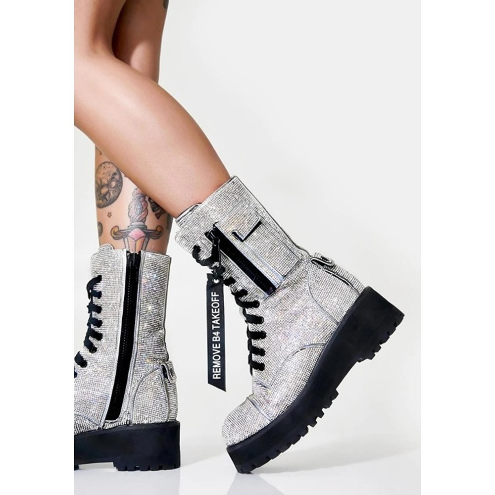 Poster Girl Rhinestone Combat Boots Womens 11 Silver Glitter Lace Up Chunky